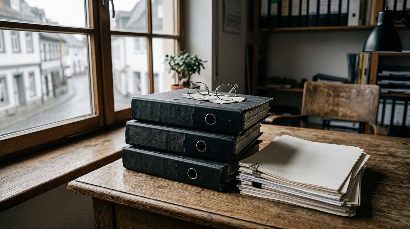 Aktenordner und Rechtsunterlagen auf einem Schreibtisch